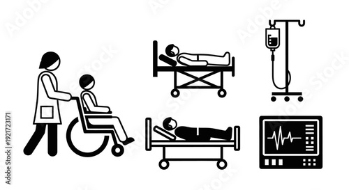 Hospital Patient Care Icons Set with Nurse, Wheelchair, Patient Bed, IV Drip, and Vital Signs Monitor on Isolated White Background