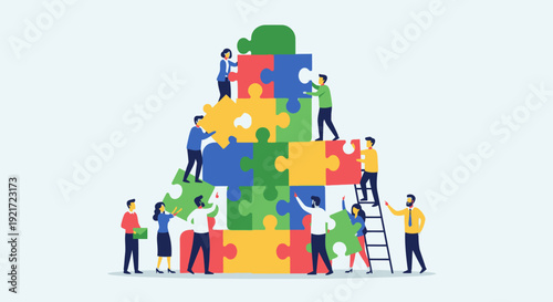Small People Characters Working Together to Assemble Large Puzzle Pieces, Symbolizing Teamwork and Collaboration in Bright Studio