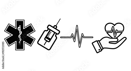 Medical Icons Set with Star of Life, Syringe, Heartbeat Line, and Caring Hand with Heart on Isolated White Background