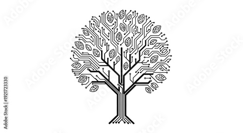 Circuit board tree with electronic pathways and leaves, symbolizing technology, nature, and growth on an isolated white background.