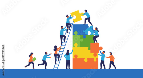 Diverse group of people collaborating to build a large puzzle structure, depicting teamwork and problem-solving in a bright studio.