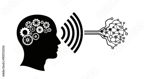 Artificial intelligence concept with human head silhouette, gears, circuit board network, and sound waves on an isolated white background.