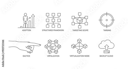 Business Process and Cloud Computing Icons with Adoption, Structured Framework, Targeting, Virtualization and Backup