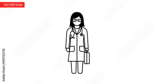 Outline icon of a female doctor wearing a lab coat and glasses, holding a stethoscope and a medical bag, representing healthcare profession on an isolated white background.