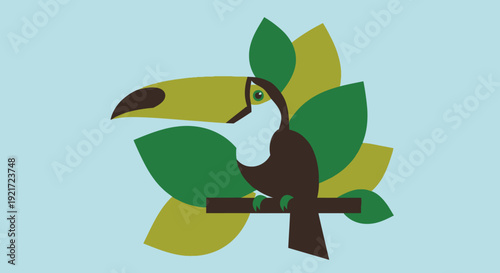 Colorful toucan bird with a prominent beak sitting peacefully on a tree branch surrounded by large green leaves, set against a light blue sky background.