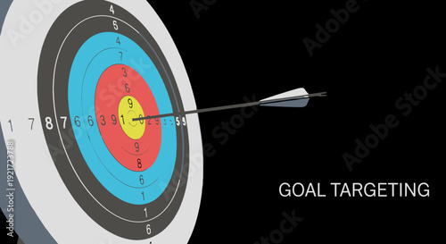 Arrow hitting bullseye on a dark archery target, symbolizing successful business goal targeting and achievement.