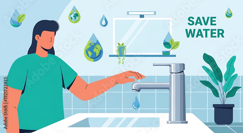 Person Turning Off Tap with Save Water Message Illustration