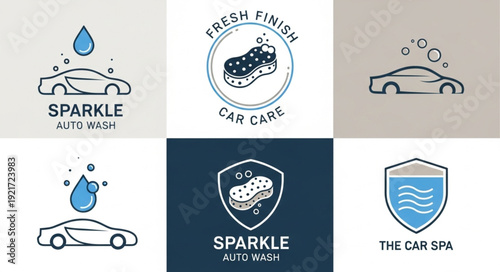 Car Wash Service Logo Collection with Water Drops and Sponges.