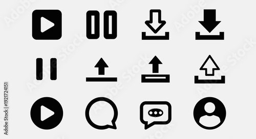 Essential Black Media Player and Communication Icons Set Including Play, Pause, Download, Upload, and Message on a Bright Studio Background
