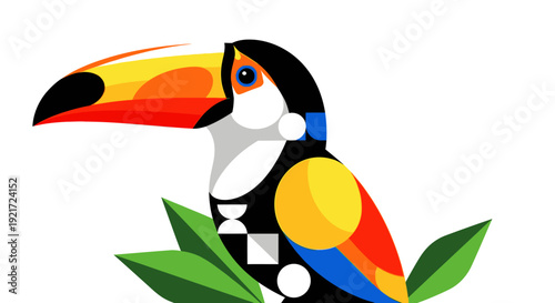 Stylized Colorful Geometric Toucan Bird Perched on a Green Leaf on an Isolated White Background