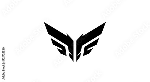 A striking black abstract logo featuring two symmetrical, stylized wing-like or shield-like shapes on a clean white background, conveying a sense of power and modernity.