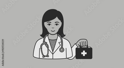 Illustration of a female doctor wearing a stethoscope and holding a first aid kit, representing healthcare and medical assistance.