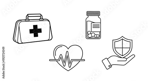 Line art icons depicting essential medical care, health, first aid, medication, and health insurance concepts on a clean white background.