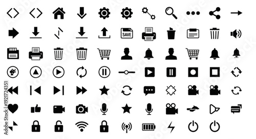 Collection of various black and white icons for digital interfaces.