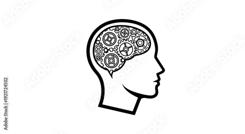 Black and white outline illustration of a human head in profile with intricate gears and cogs inside, symbolizing thought, intelligence, and mechanical processes.