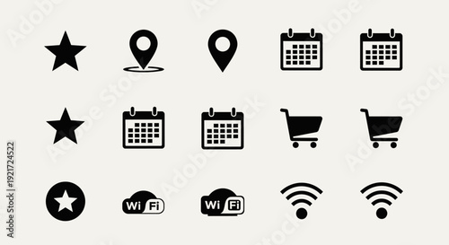 A collection of black vector icons including stars, location pins, calendars, shopping carts, and Wi-Fi symbols on a light background, suitable for web and app design.