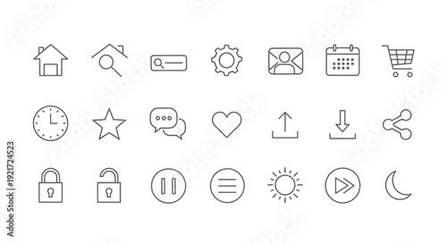 Collection of 24 minimalist line art UI icons for web and mobile applications, featuring common interface elements like home, search, settings, and navigation.