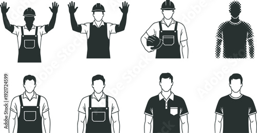 Set of construction worker silhouettes and avatars including men in hard hats, overalls, and uniforms for industrial labor and engineering.