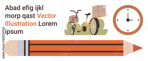 Delivery services, time management, writing tools, logistics, productivity, organization. A bicycle carrying boxes next to a clock and a striped pencil. Delivery services and time management concept