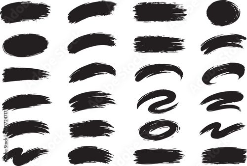 Black paint smear strokes, abstract ink brush texture set, expressive bold rough soft grunge smears, dynamic artistic elements, isolated design pack for poster branding