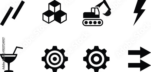 Minimal black UI icon set, construction, energy, settings, arrows, blocks, drink symbols, modern vector pictograms isolated on white