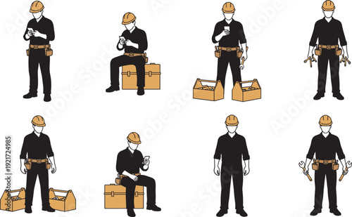 Set of construction worker silhouettes, industrial avatars in hard hats, men drinking water on break, and laborers carrying brooms or tools.