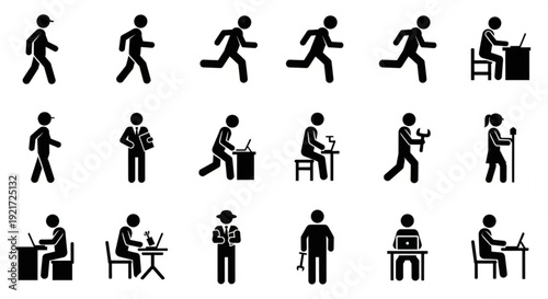 Collection of black silhouette icons depicting people performing various daily activities and actions