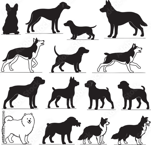 Black and white dog silhouettes in various poses and breeds also transparent background