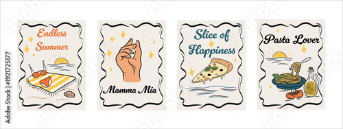 Italian Summer Postcard Set Colorful Mediterranean Design Collection. Set of four colorful Italian summer postcards created from hand drawn mediterranean elements. 