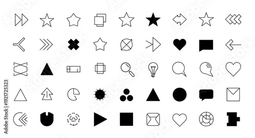Collection of various black and white grunge style icons and symbols for design.