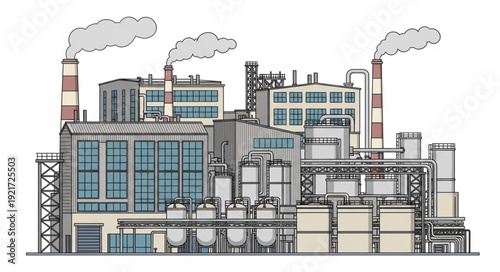 Detailed illustration of an industrial complex with smokestacks and buildings.