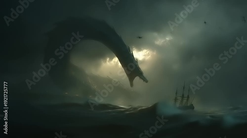 Dramatic sea serpent encounters sailing vessel under stormy sky