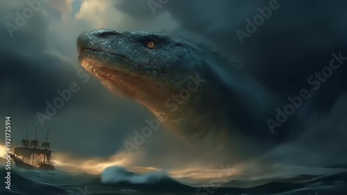 Dramatic sea serpent rises from stormy waters near ship in artistic rendering