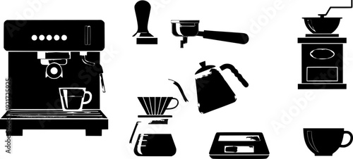 Barista Equipment and Espresso Machine Flat Icon Set