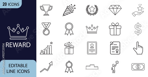 Reward web line art icon set. Trophy, medal, bonus, ribbon, certificate, award, crown collection. Vector illustration.