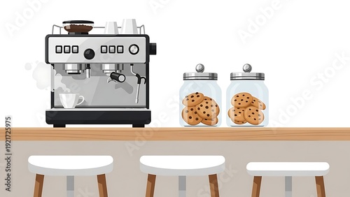 Modern coffee machine and cookie jars on kitchen counter with stools.