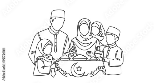 A muslim family shares a meal together linear illustration silhouette