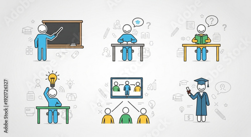 Education icons set with teacher and students learning teaching and graduation