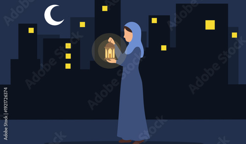 Muslim Woman Holding Lantern at Night Ramadan Kareem Illustration