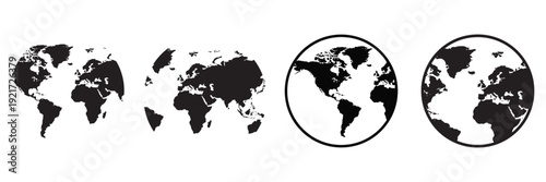 Earth Globe Icon Set – World Map, Planet Earth and Global Line & Flat Vector Symbols for Web and 
International Design