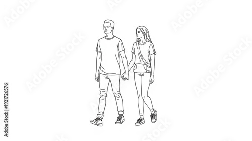 A simple sketch depicts a young couple walking hand in hand showcasing a tender connection