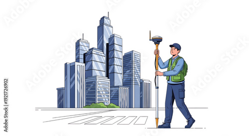 Surveyor Walking with GNSS GPS Rover City Background,  A line art illustration of a male surveyor wearing a cap and vest, walking through a city street while holding a GNSS GPS rover pole.