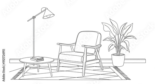 Minimalist Interior Design Sketch of Armchair and Lamp.