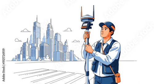 Land Surveyor Holding GPS Pole Urban Crosswalk Vector,  A vector illustration of a male surveyor standing on an urban crosswalk, looking at the screen of a handheld GPS surveying pole line art
