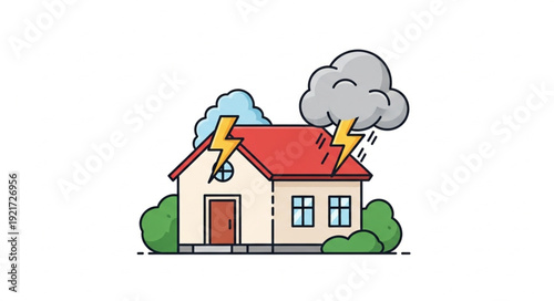 House during a thunderstorm with lightning strikes.