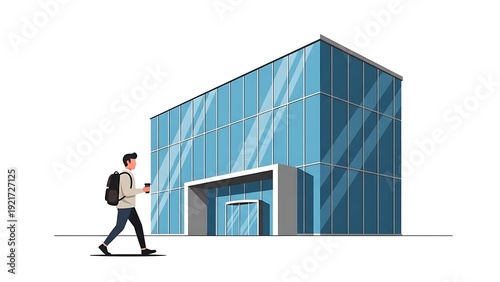 Modern glass office building with walking student illustration.
