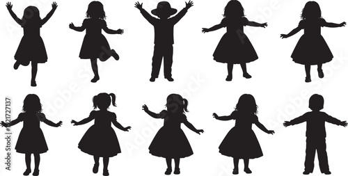 Set of happy children silhouettes in various poses, little girls in dresses and boys playing, jumping, and dancing on white.