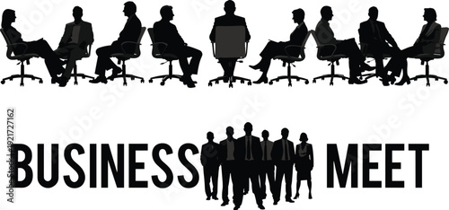 Business Meeting Silhouettes of Corporate Team in Conference Discussion Isolated on White Background with Business Meet Text