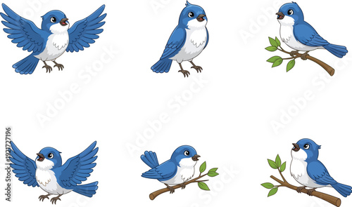 A set of cute blue cartoon birds and flying parrots isolated on white, featuring funny animal character illustrations and vector wing icons for nature art design
