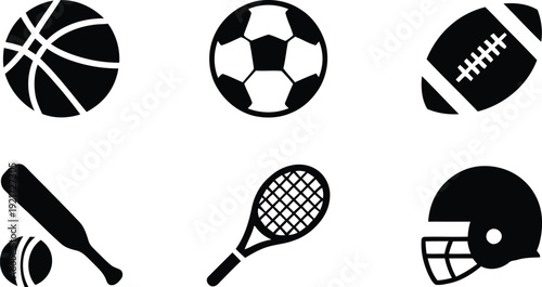 Dynamic set of black sports icons including basketball, soccer, football, baseball, tennis, and helmet.
